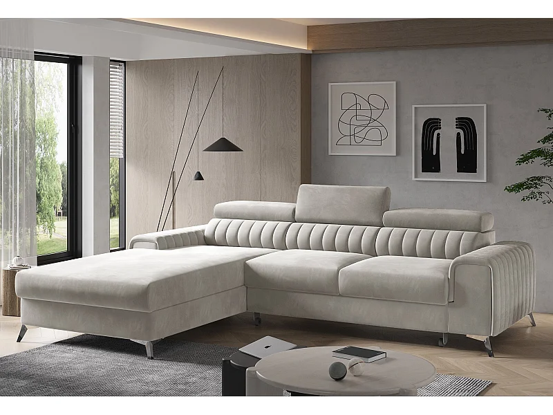 Grenky lichtbeige fluwelen hoekbank links 276 cm