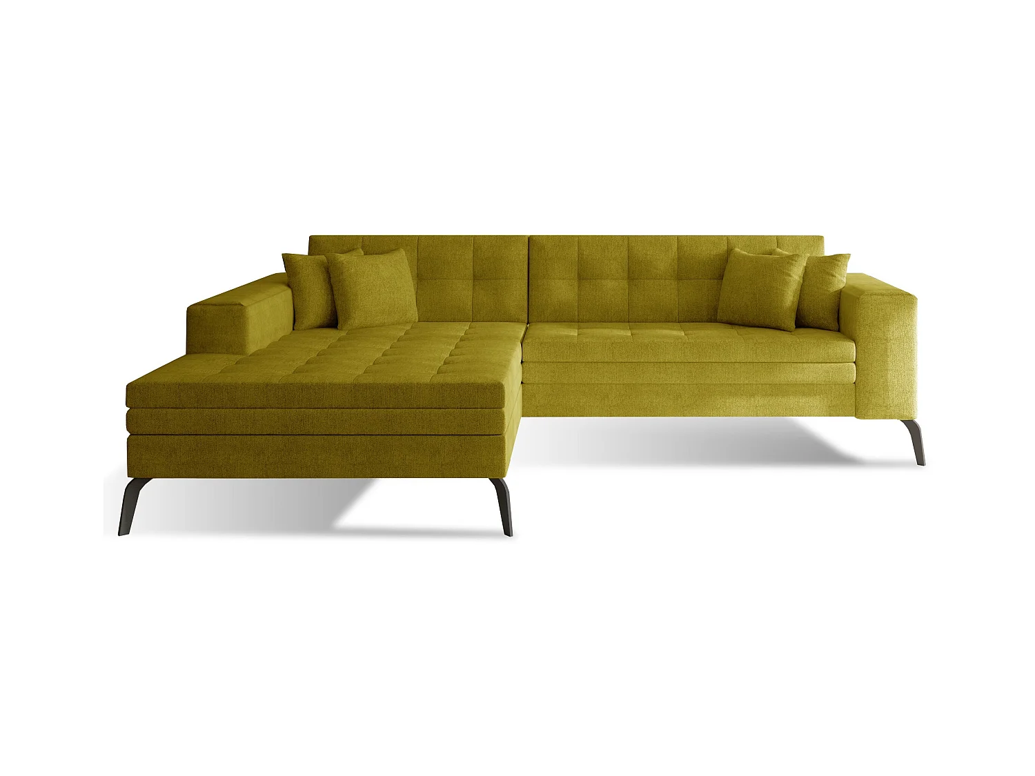 Canapé convertible capitonné angle gauche tissu jaune moutarde et pieds métal noir Lazor 295cm