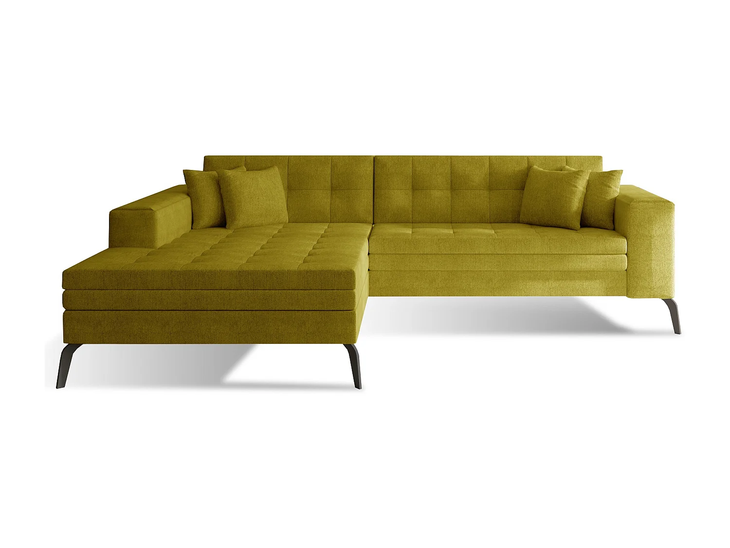 Canapé convertible capitonné angle gauche tissu jaune moutarde et pieds métal noir Lazor 295cm