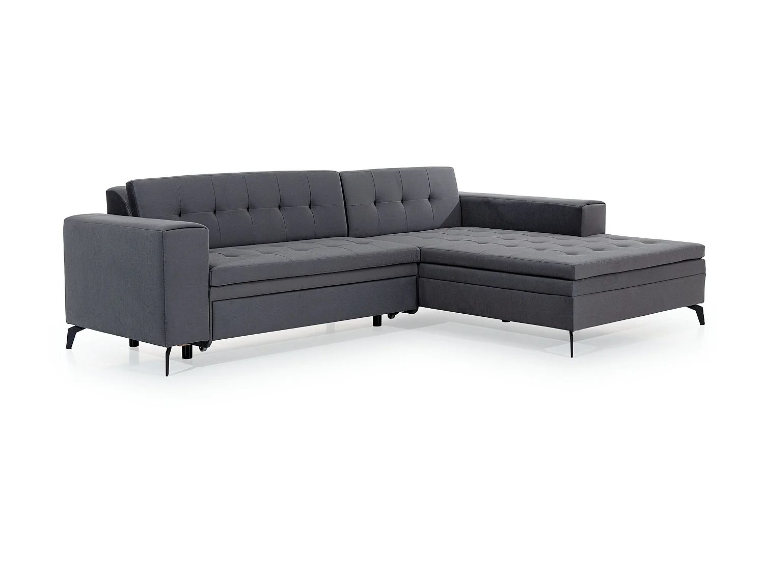 Canapé convertible capitonné angle gauche tissu jaune moutarde et pieds métal noir Lazor 295cm