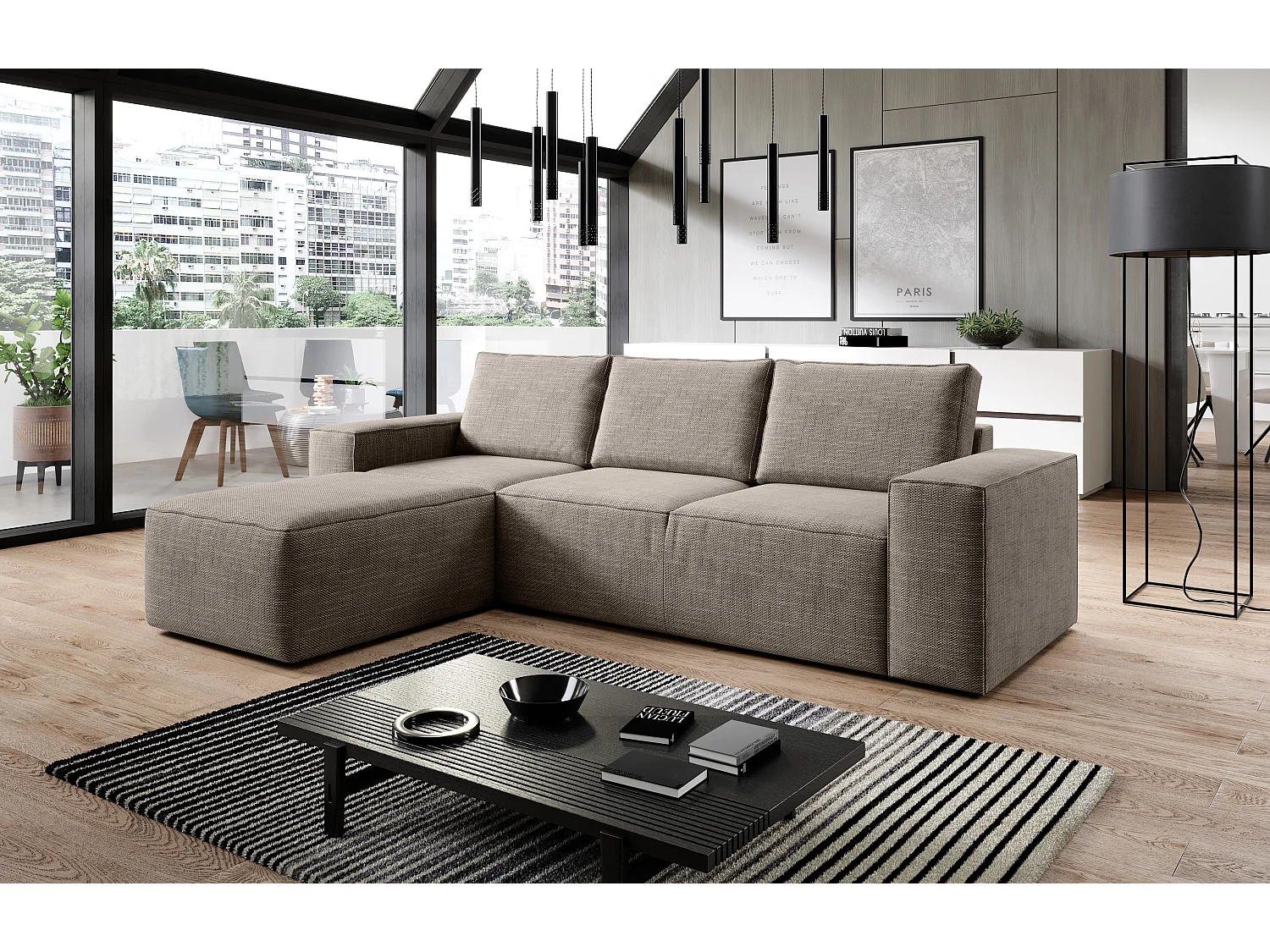 Canapé d'angle gauche convertible moderne tissu beige chiné Willace 302cm