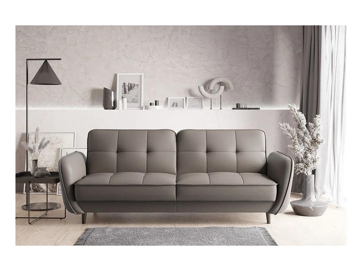 Canapé convertible 3 places tissu beige foncé capitonné et pieds bois noir Bizza 220cm