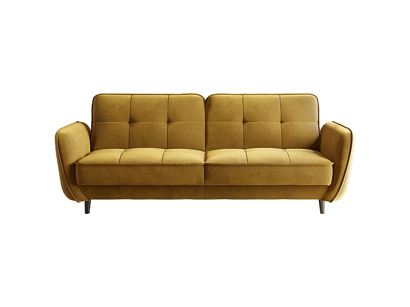 Canapé convertible 3 places velours jaune capitonné et pieds bois noir Bizza 220cm