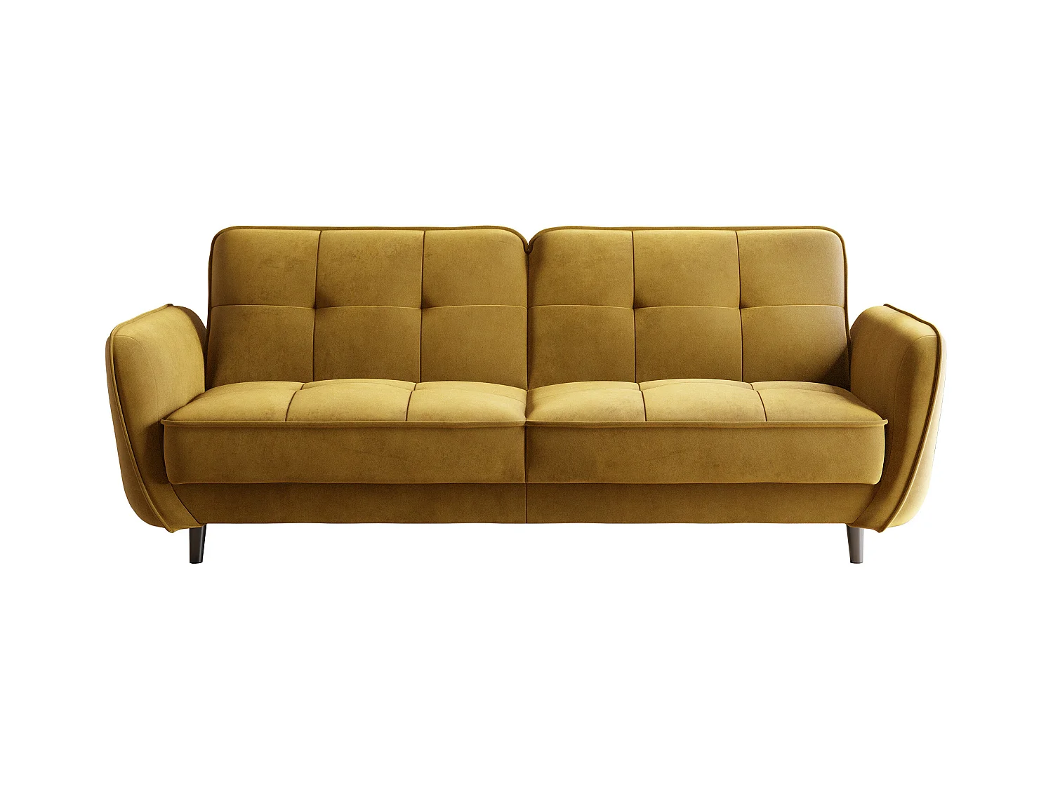 Canapé convertible 3 places velours jaune capitonné et pieds bois noir Bizza 220cm