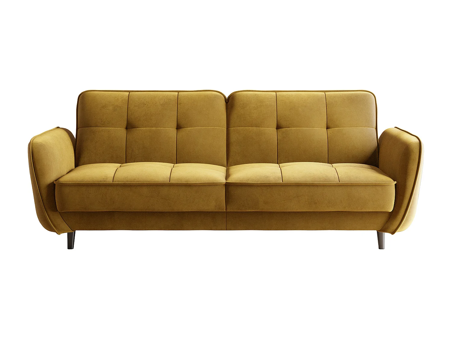 Canapé convertible 3 places velours jaune capitonné et pieds bois noir Bizza 220cm