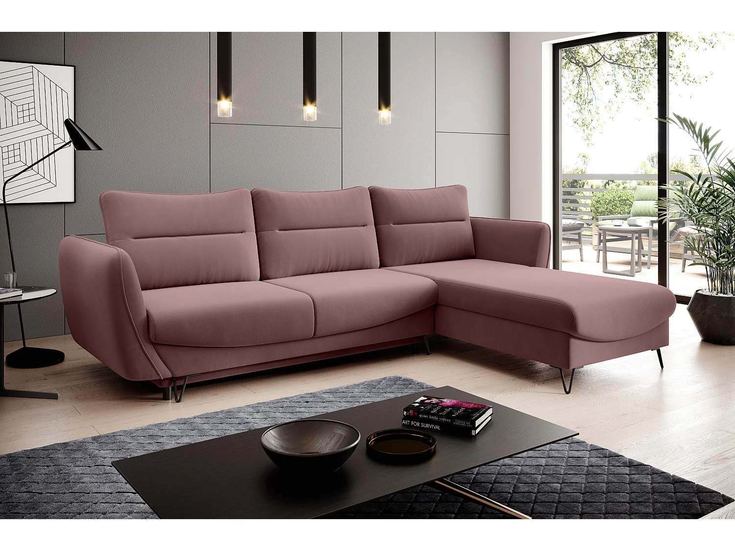 Canapé d'angle droit convertible velours rose cuivré Zurik 276cm