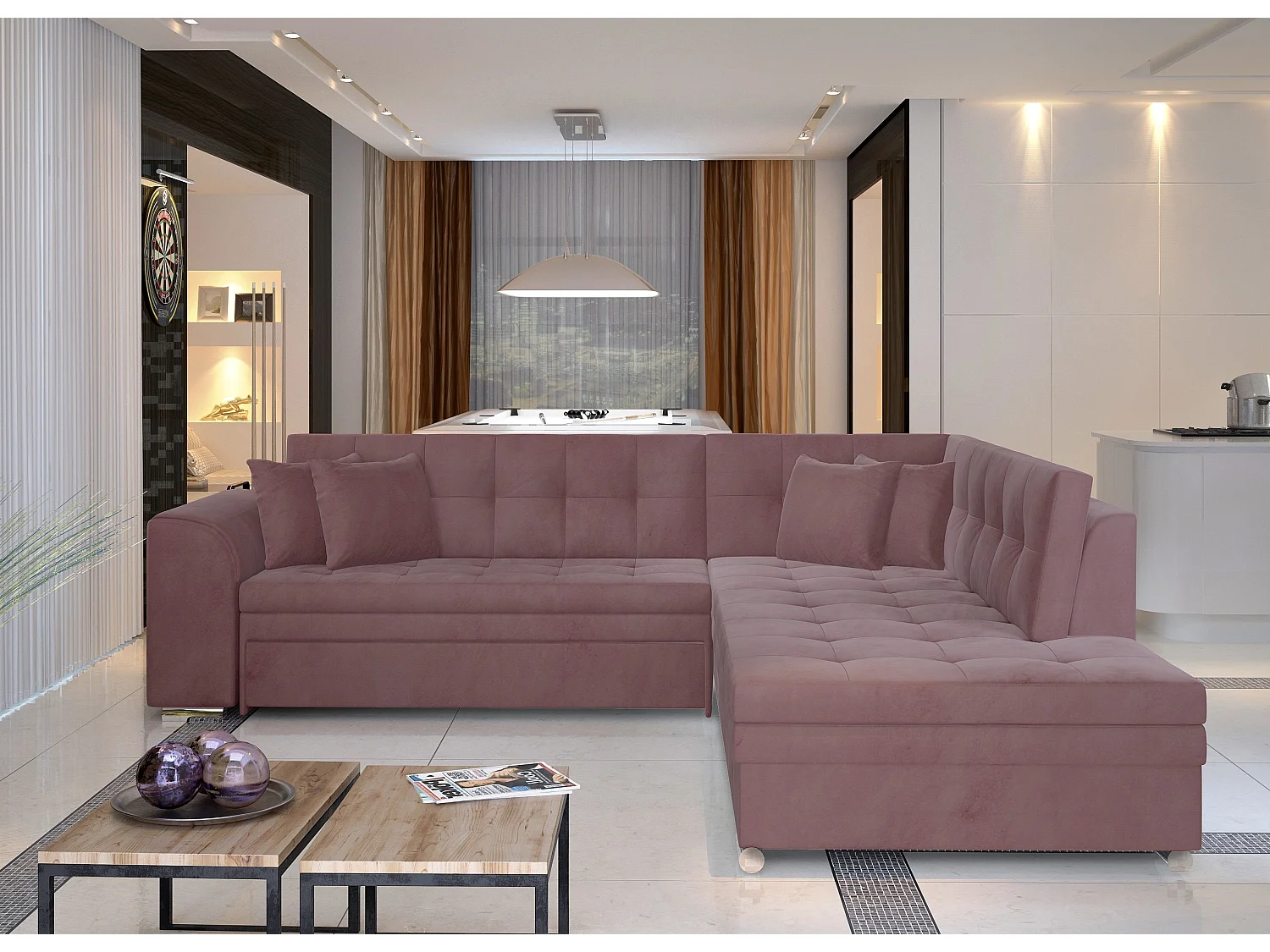 Canapé convertible angle droit velours rose et chromé Pika 260cm