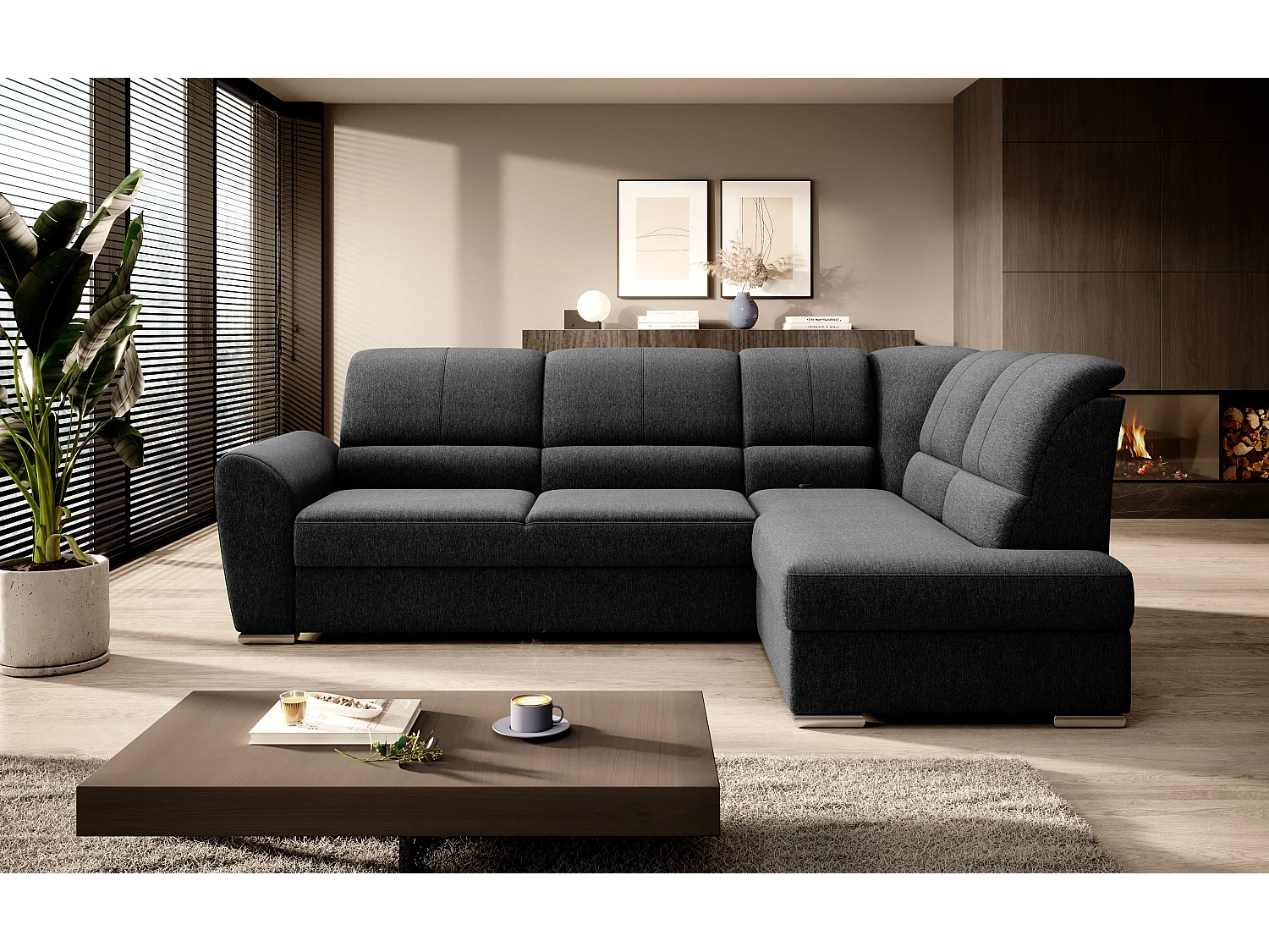 Canapé angle droit convertible tissu noir et pieds acier chromé Zabor 270cm