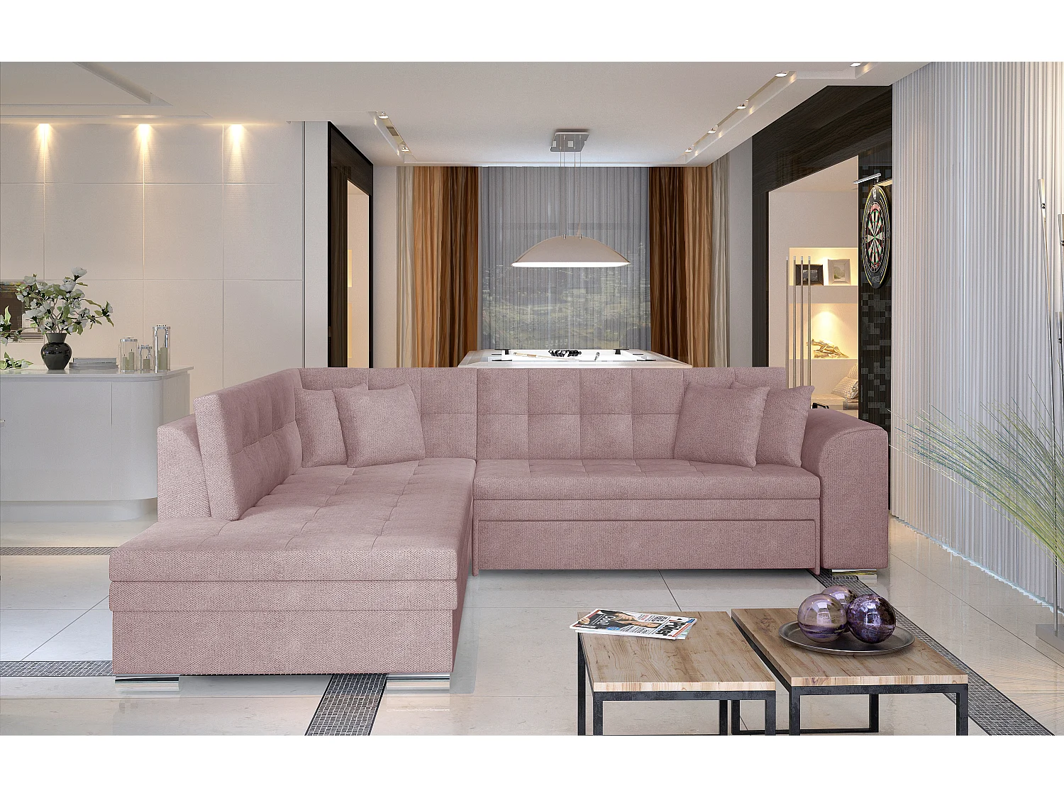 Converteerbare bank linkerhoek lichtroze stof en chroom Pika 260 cm