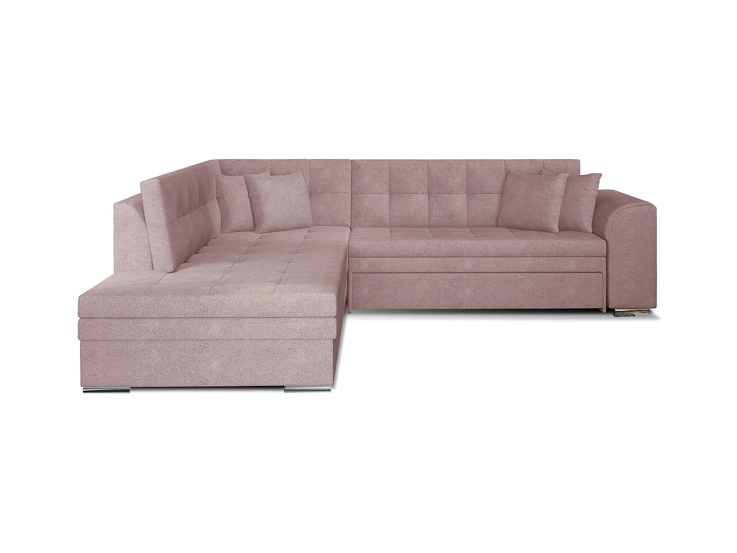 Canapé convertible angle gauche tissu rose clair et chromé Pika 260cm
