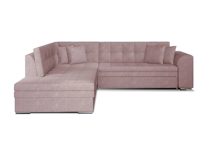 Canapé convertible angle gauche tissu rose clair et chromé Pika 260cm