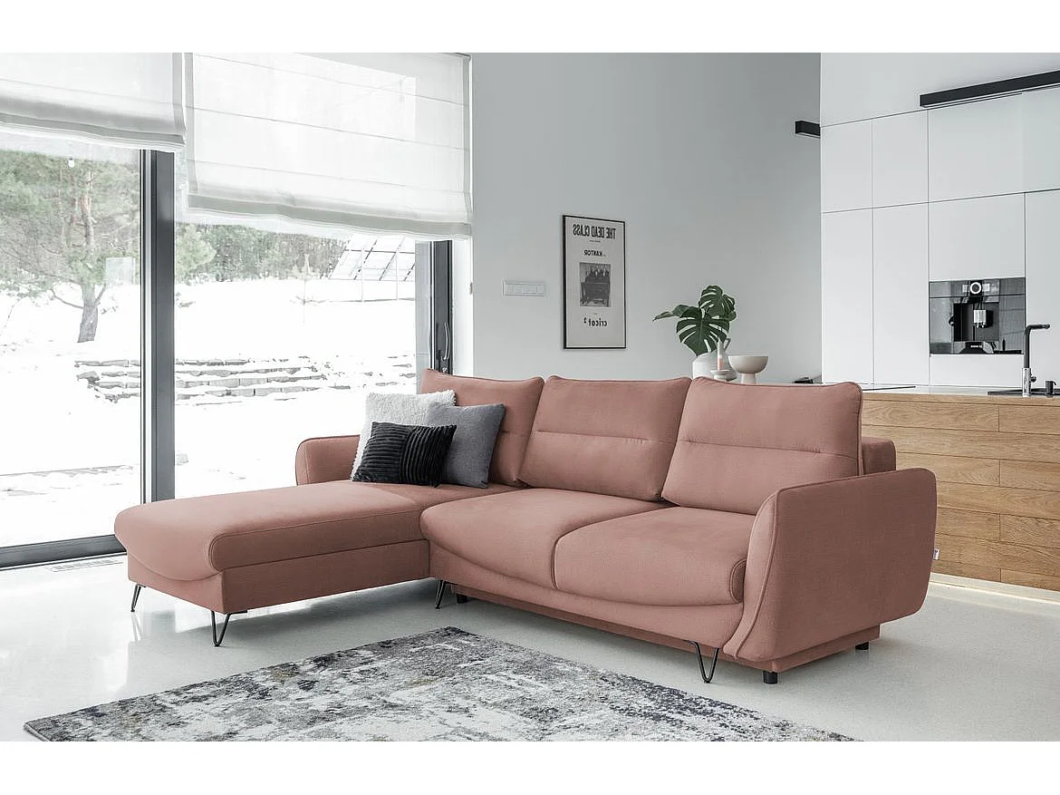 Linkerhoek slaapbank zacht licht abrikoos stof Zurik 276 cm