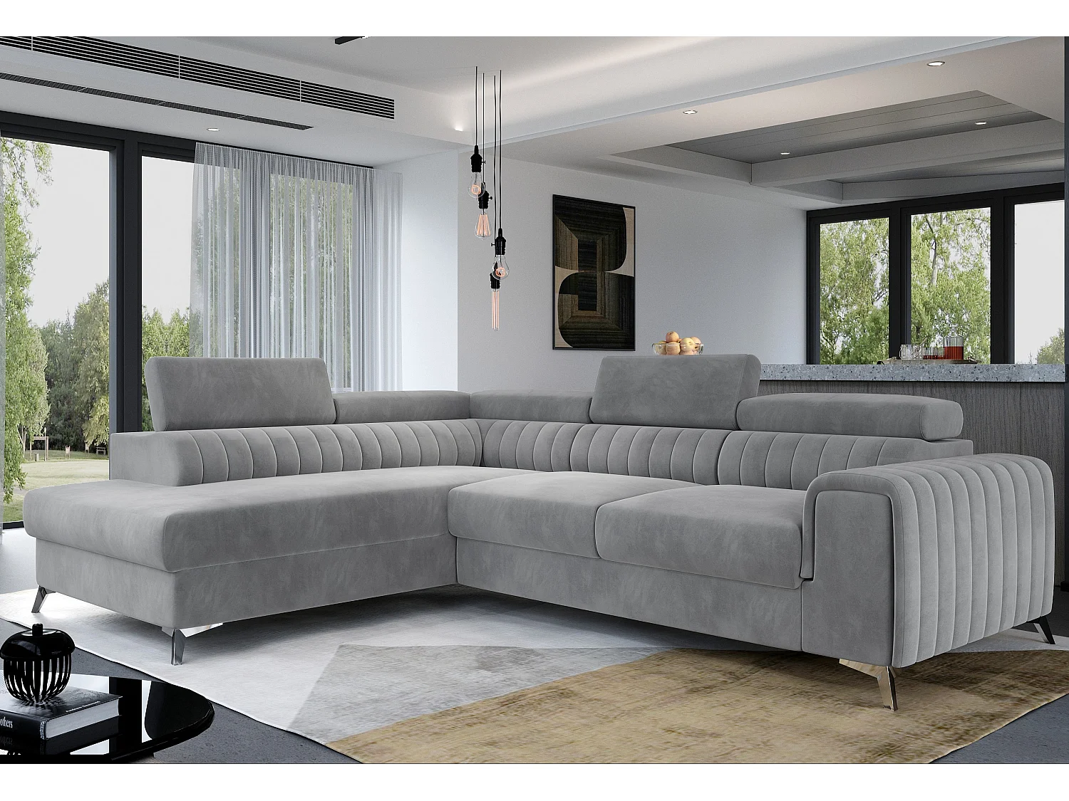 Canapé angle gauche convertible avec appuis-tête réglables velours doux gris clair Lozan 275cm