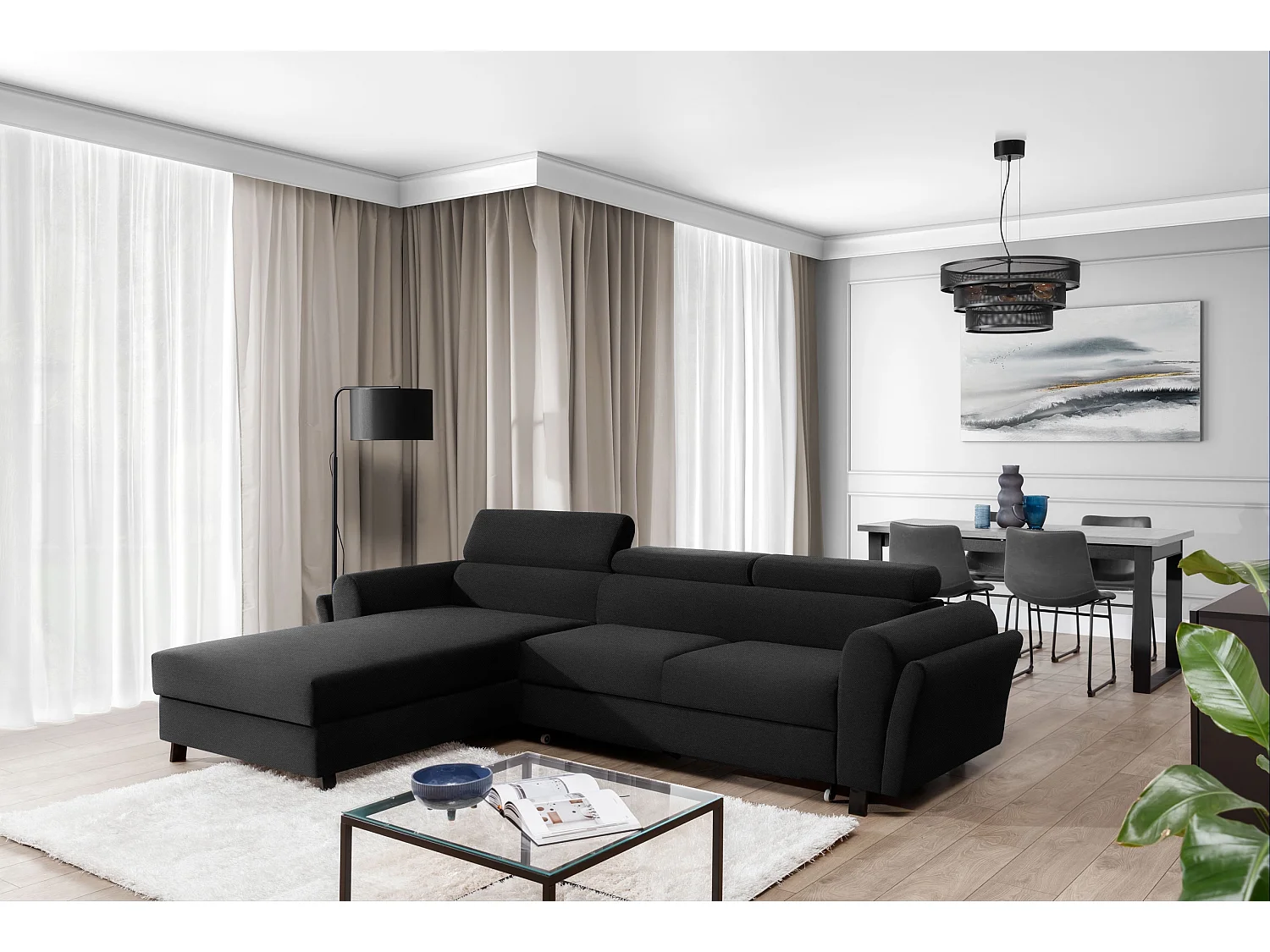 Converteerbare hoekbank links in donkergrijze stof met verstelbare hoofdsteunen Mazerali 300 cm