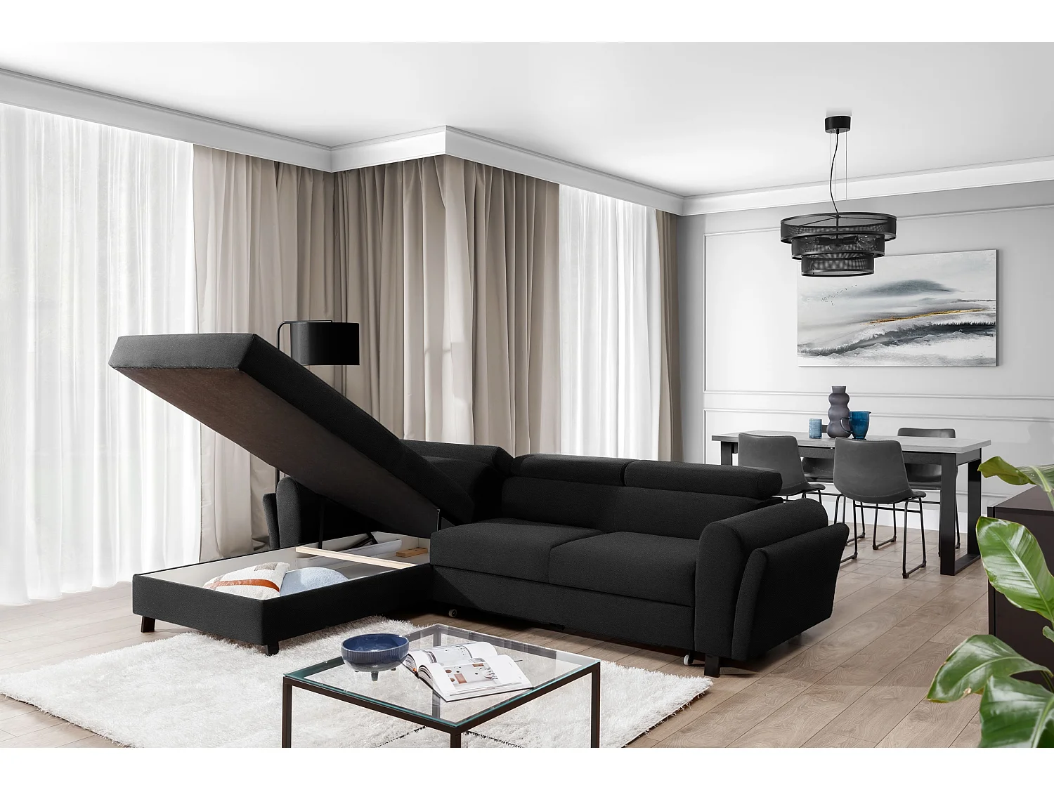 Canapé d’angle convertible MAZALI tissu- Appuis-tête réglables et rangement-Anthracite-Méridienne A gauche