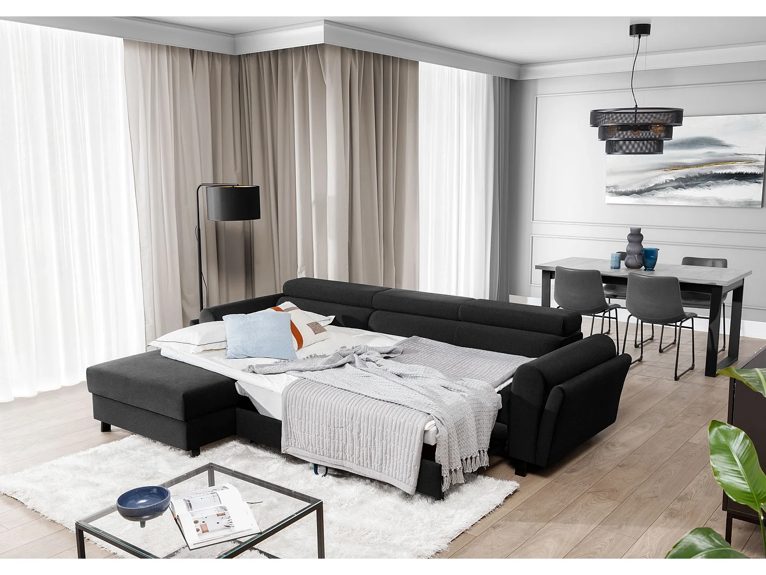 Canapé d’angle convertible MAZALI tissu- Appuis-tête réglables et rangement-Anthracite-Méridienne A gauche