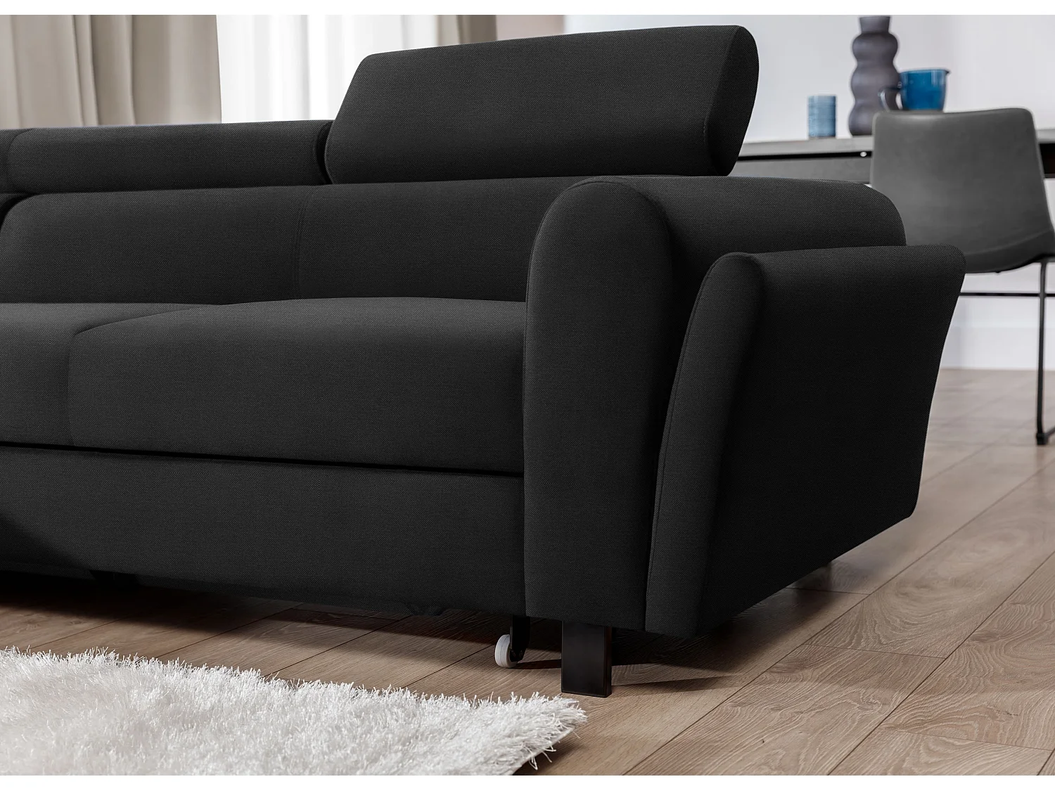 Canapé d’angle convertible MAZALI tissu- Appuis-tête réglables et rangement-Anthracite-Méridienne A gauche