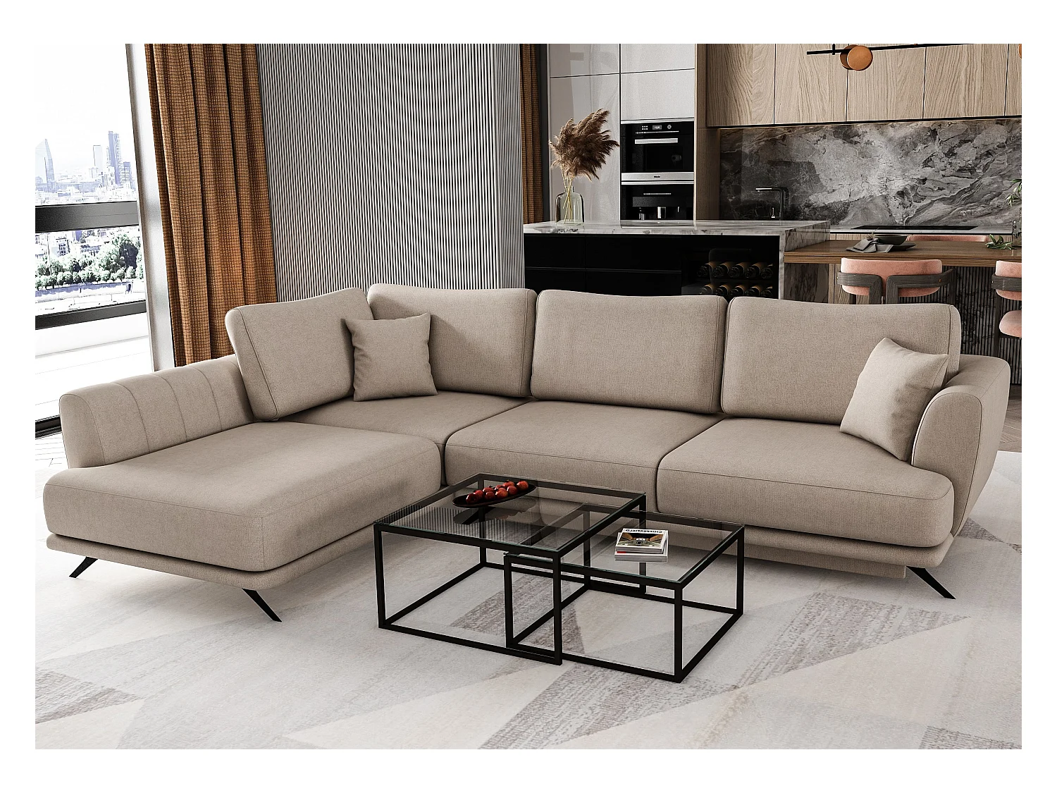 Canapé convertible angle gauche tissu beige Savary 280cm