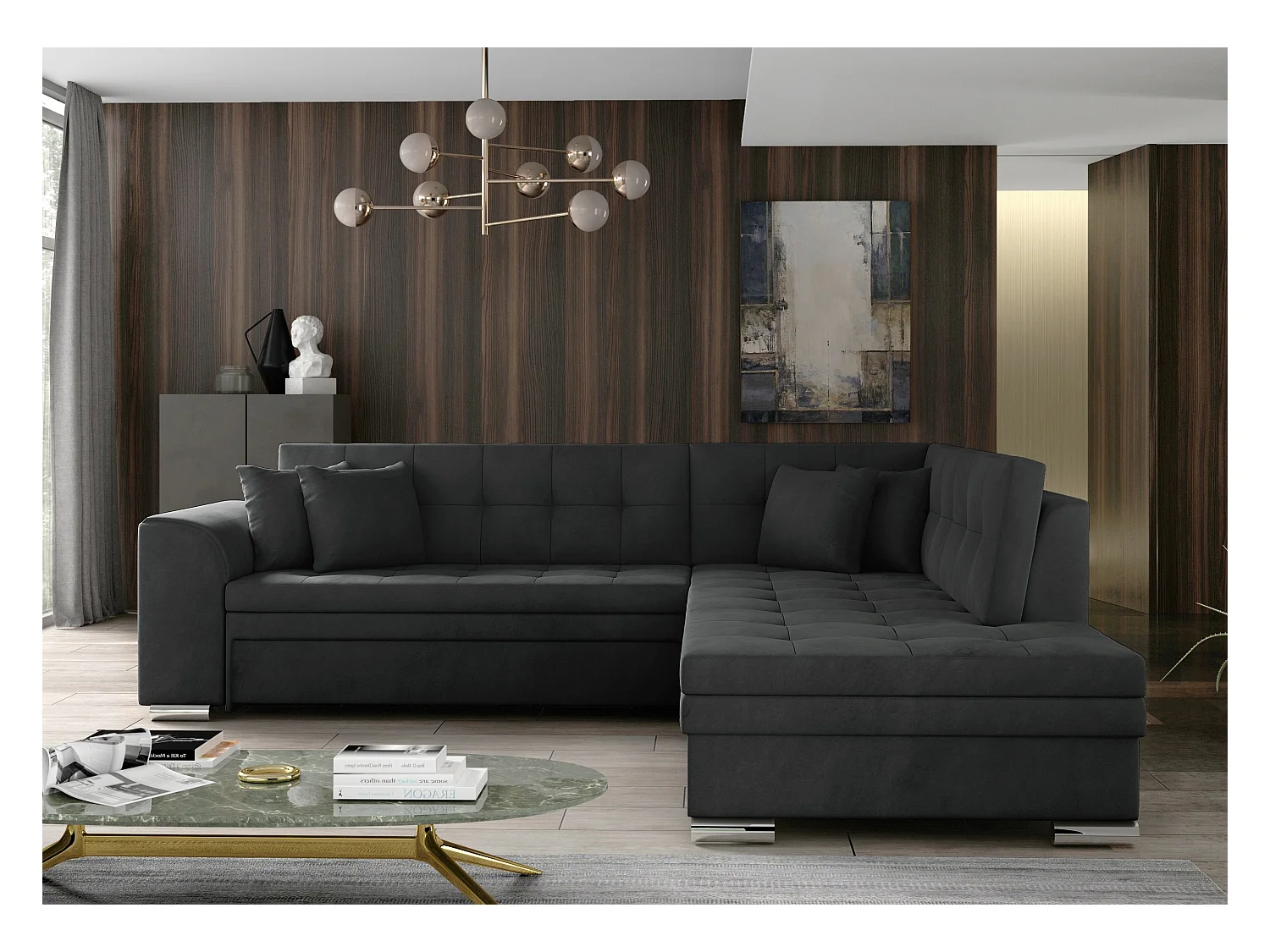 Canapé convertible angle droit velours gris foncé et chromé Pika 260cm