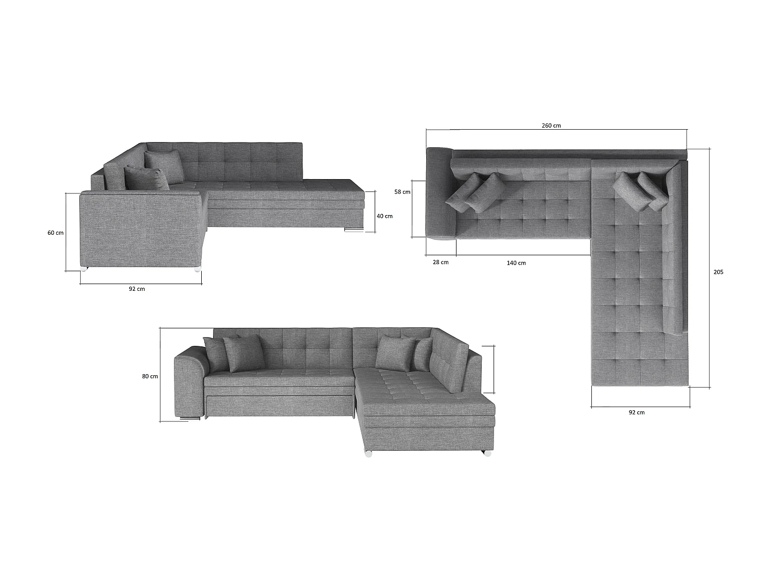 Canapé convertible angle droit velours gris foncé et chromé Pika 260cm
