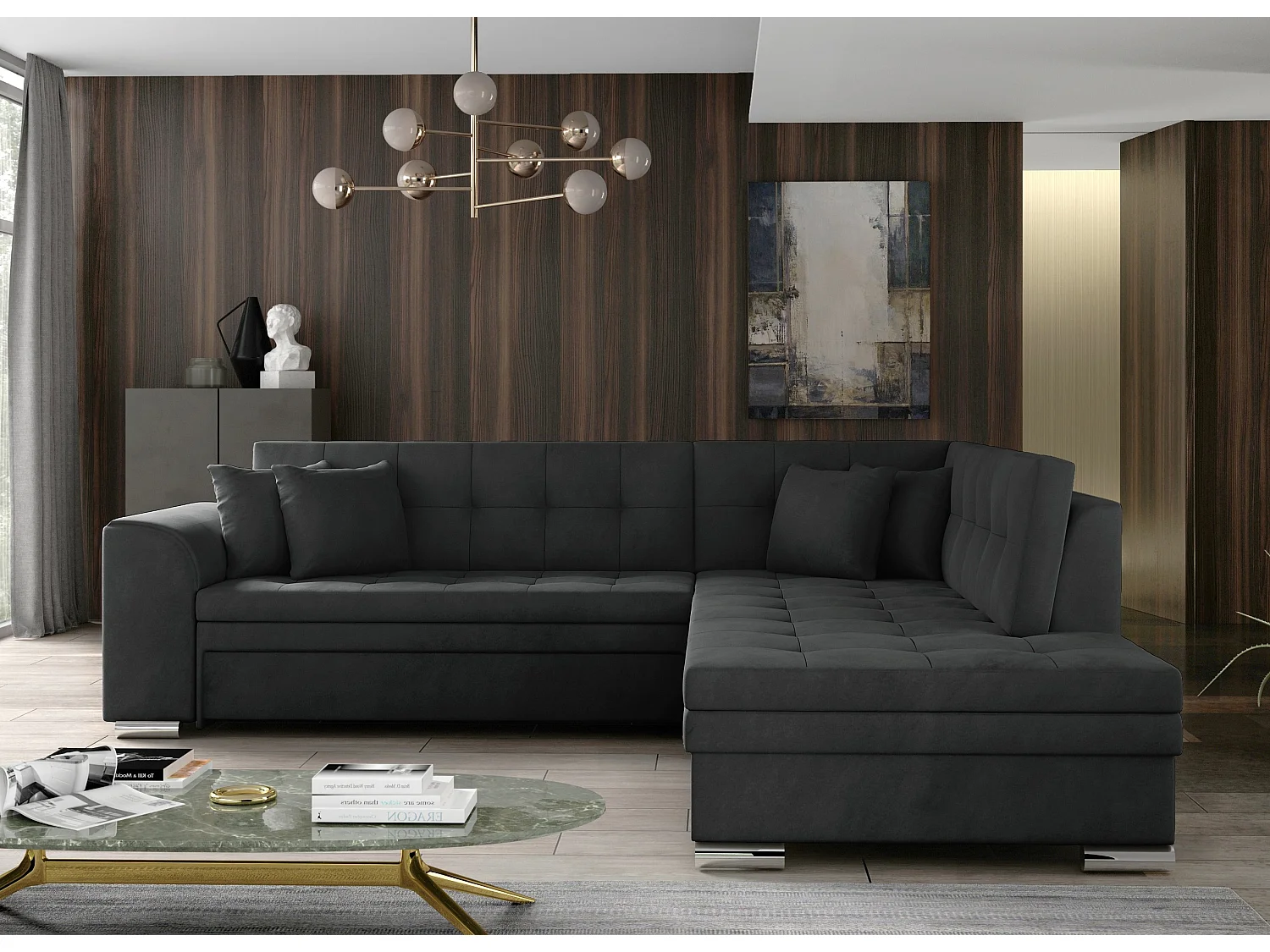 Canapé convertible angle droit velours gris foncé et chromé Pika 260cm