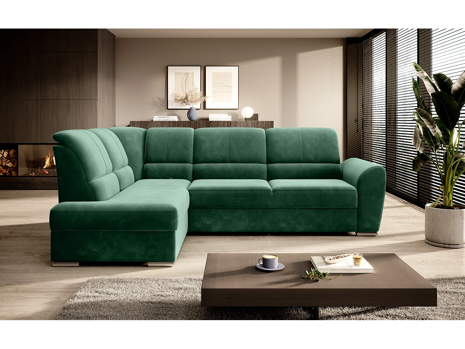 Canapé angle gauche convertible tissu vert foncé et pieds acier chromé Zabor 270cm