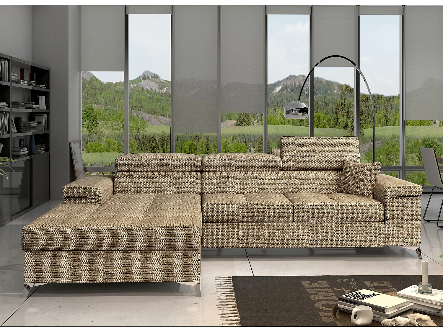 Canapé angle gauche convertible tissu beige chiné avec appuis-tête réglables Rikaro 280cm