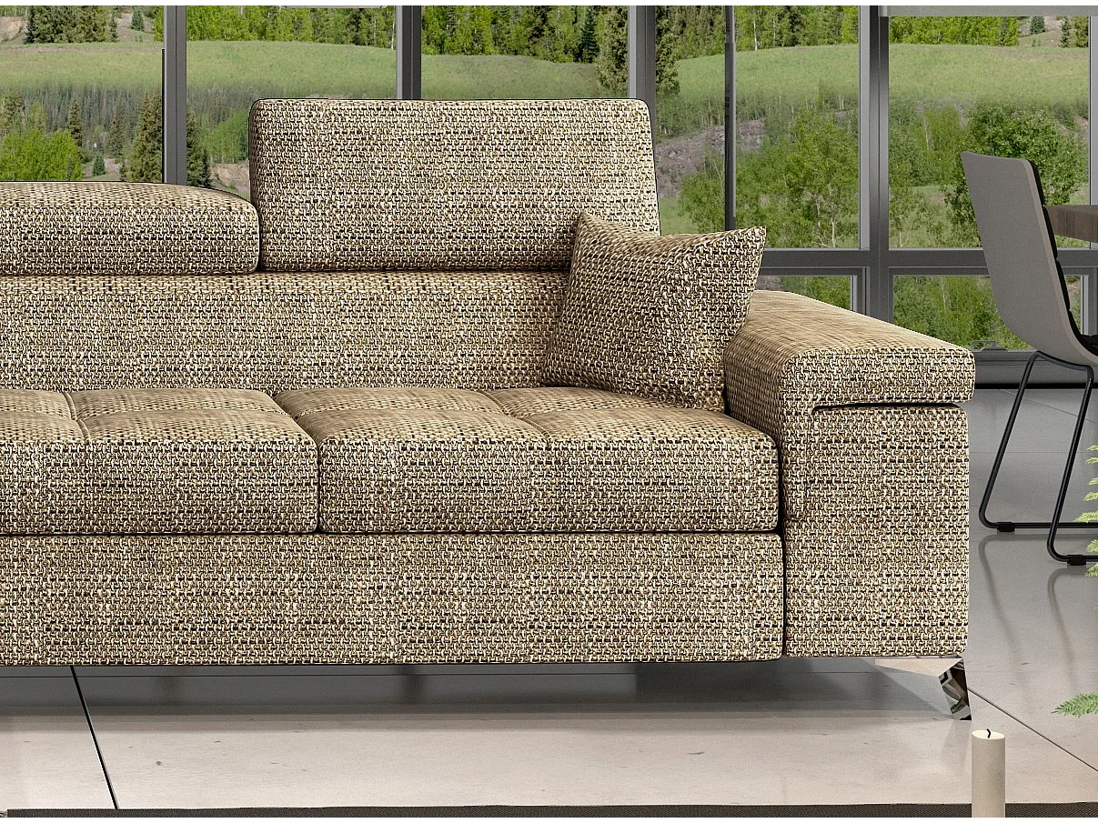 Canapé angle gauche convertible tissu beige chiné avec appuis-tête réglables Rikaro 280cm