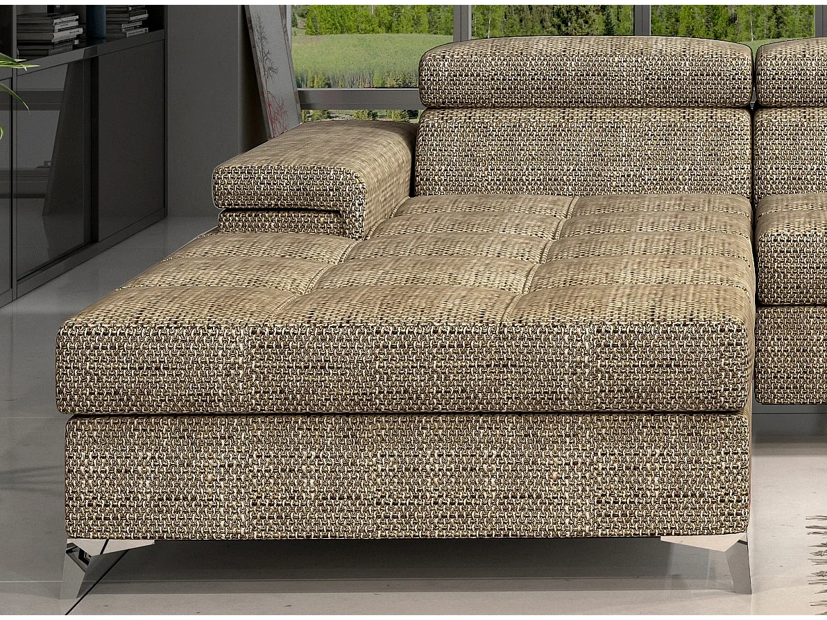 Canapé angle gauche convertible tissu beige chiné avec appuis-tête réglables Rikaro 280cm