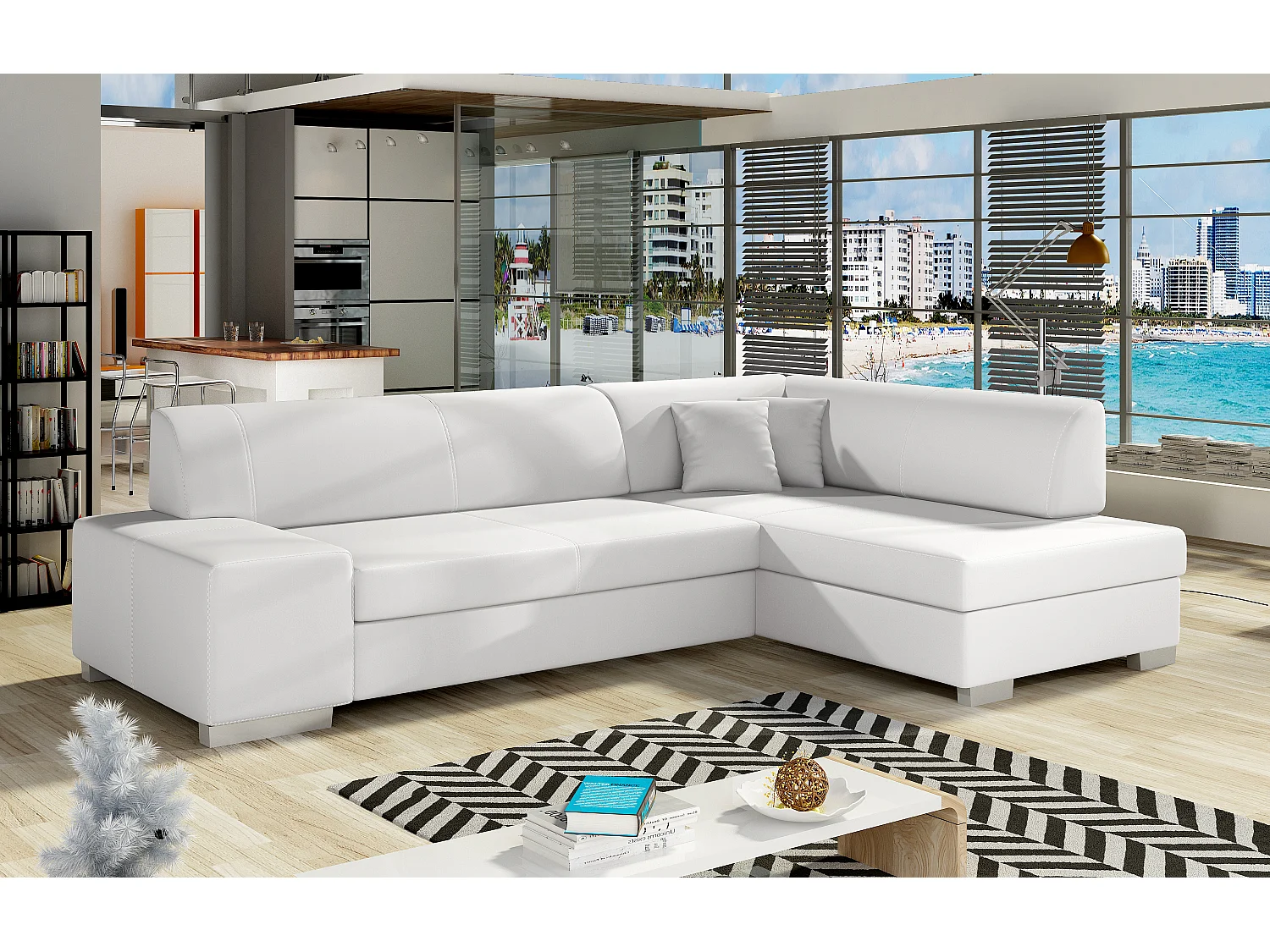 Canapé convertible angle droit simili cuir blanc Polky 272cm