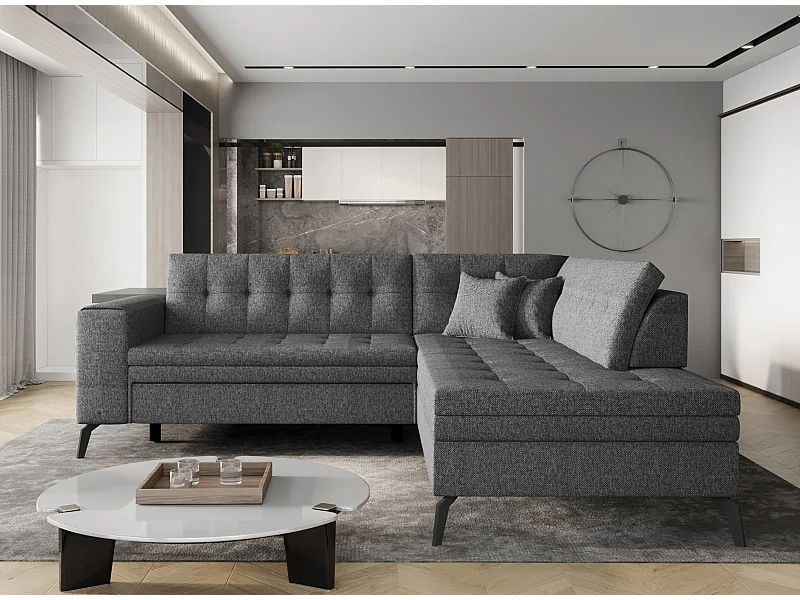 Canapé convertible capitonné angle droit tissu gris foncé chiné Larry 260cm