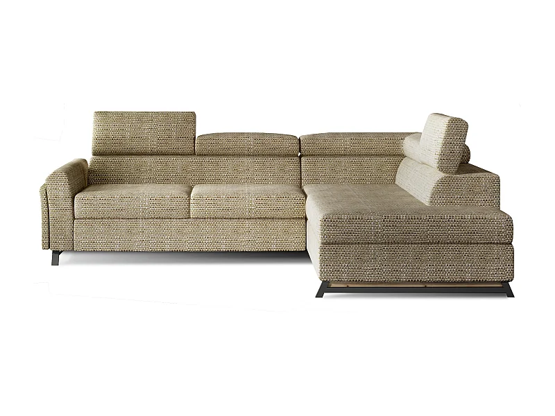 Canapé angle droit convertible tissu beige chiné avec têtières réglables Nikos 265cm