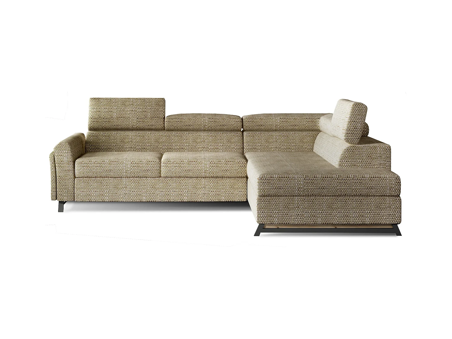 Canapé angle droit convertible tissu beige chiné avec têtières réglables Nikos 265cm