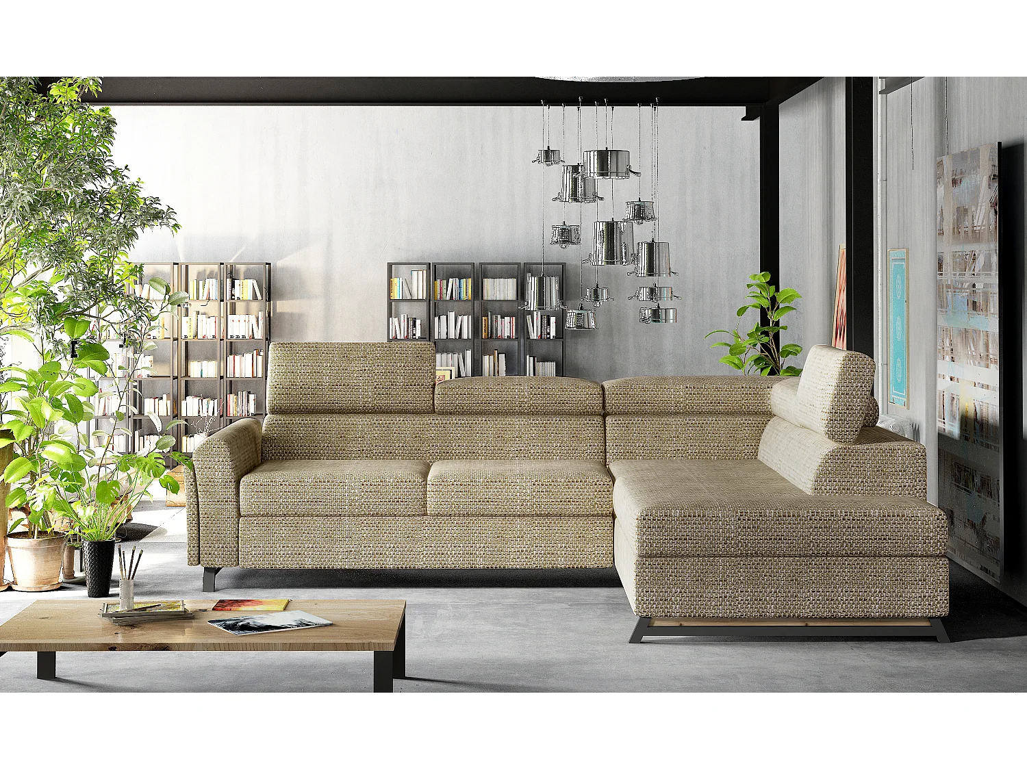 Canapé angle droit convertible tissu beige chiné avec têtières réglables Nikos 265cm