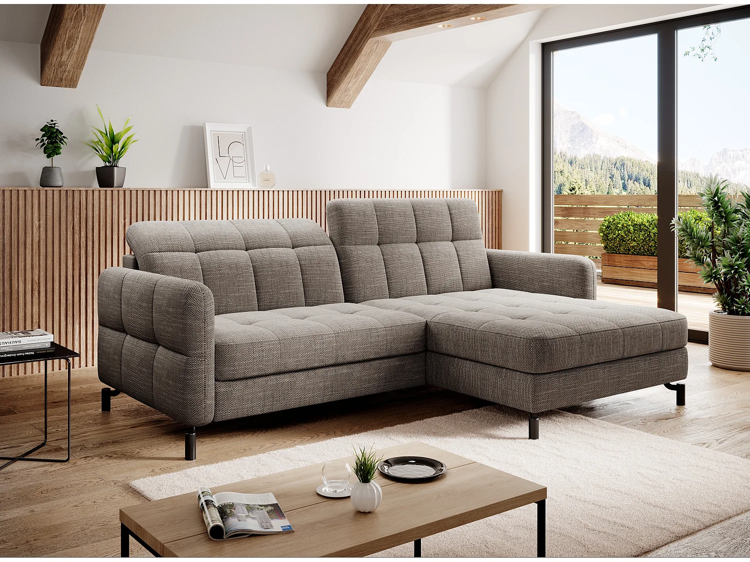 Canapé convertible tissu matelassé taupe chiné angle droit Lory 225cm