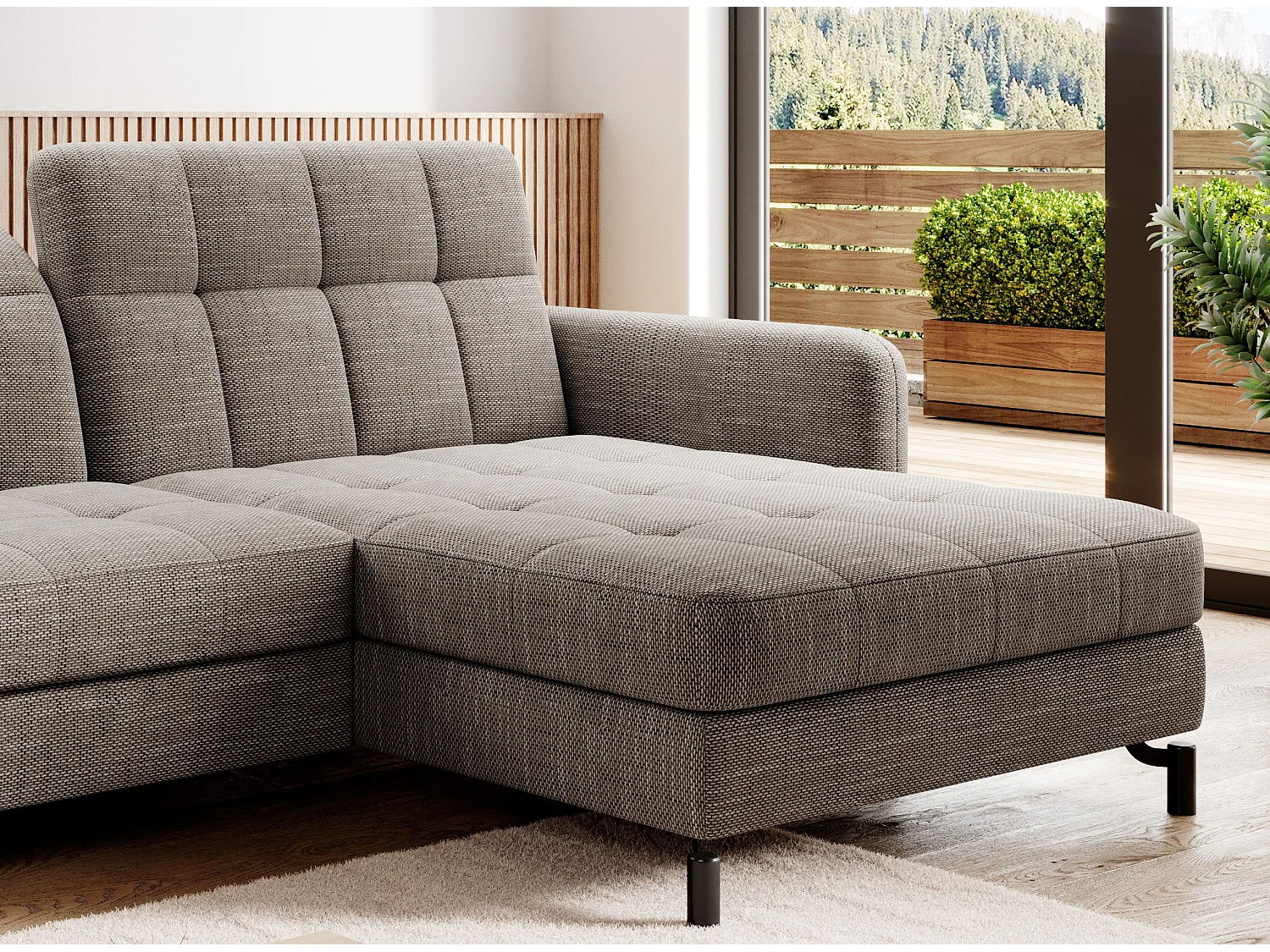 Canapé convertible tissu matelassé taupe chiné angle droit Lory 225cm