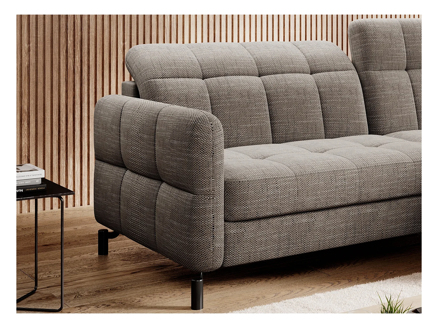 Canapé convertible tissu matelassé taupe chiné angle droit Lory 225cm