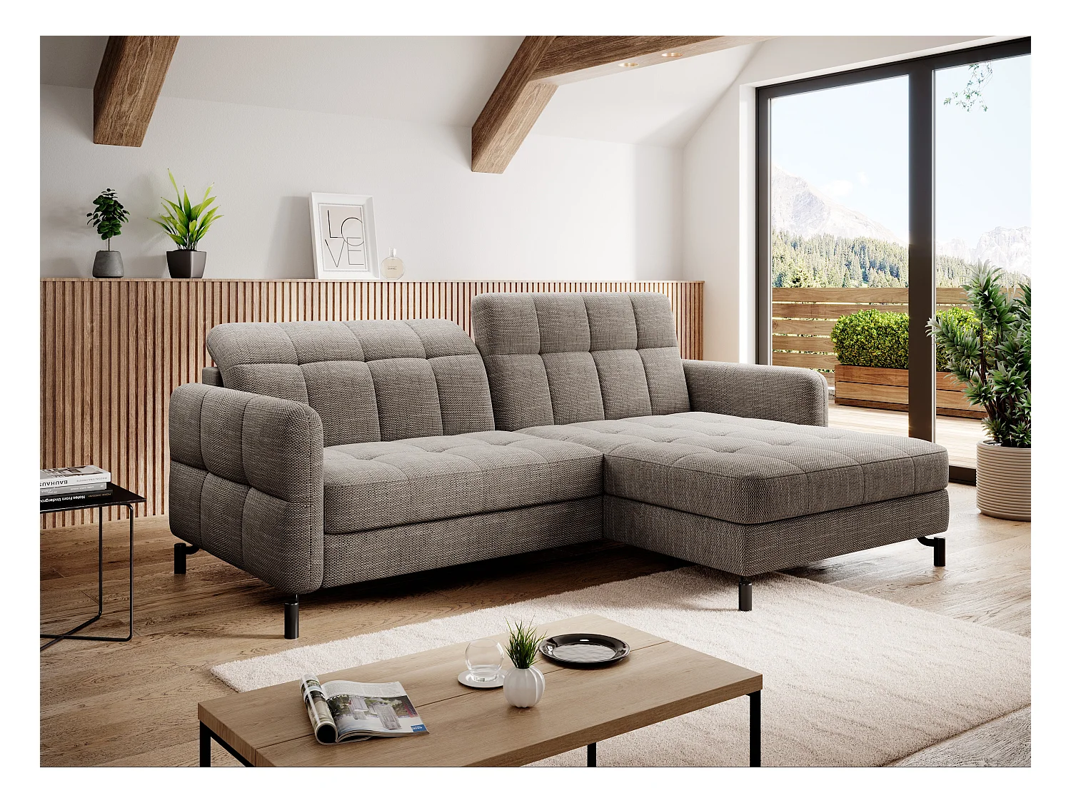 Canapé convertible tissu matelassé taupe chiné angle droit Lory 225cm