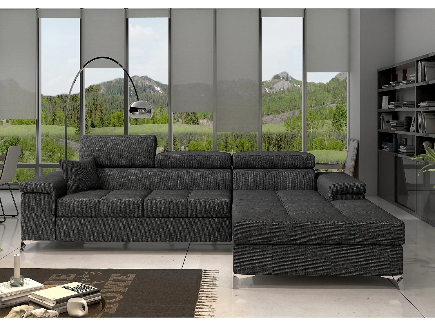 Canapé angle droit convertible tissu gris foncé avec appuis-tête réglables Rikaro 280cm