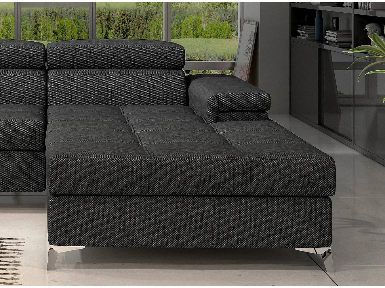 Canapé angle droit convertible tissu gris foncé avec appuis-tête réglables Rikaro 280cm