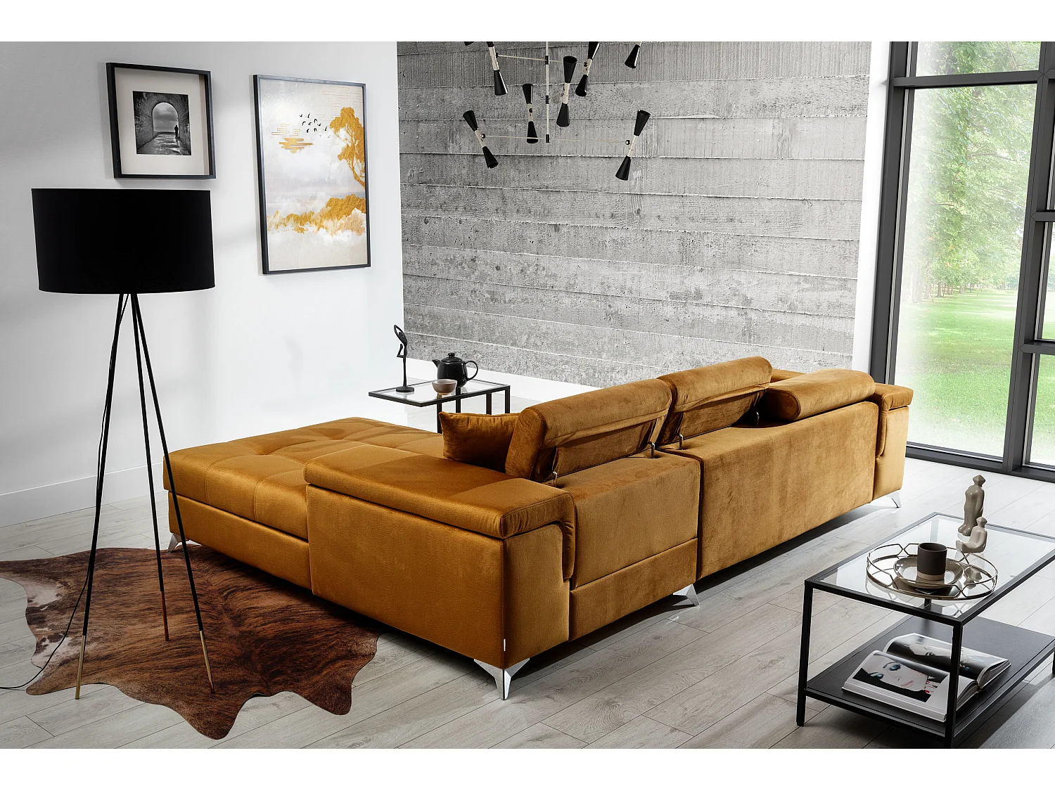 Canapé angle droit convertible tissu gris foncé avec appuis-tête réglables Rikaro 280cm