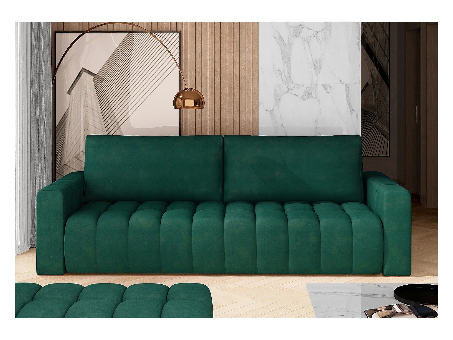 Canapé convertible 3 places velours vert bouteille avec coffre de rangement Larko 245cm