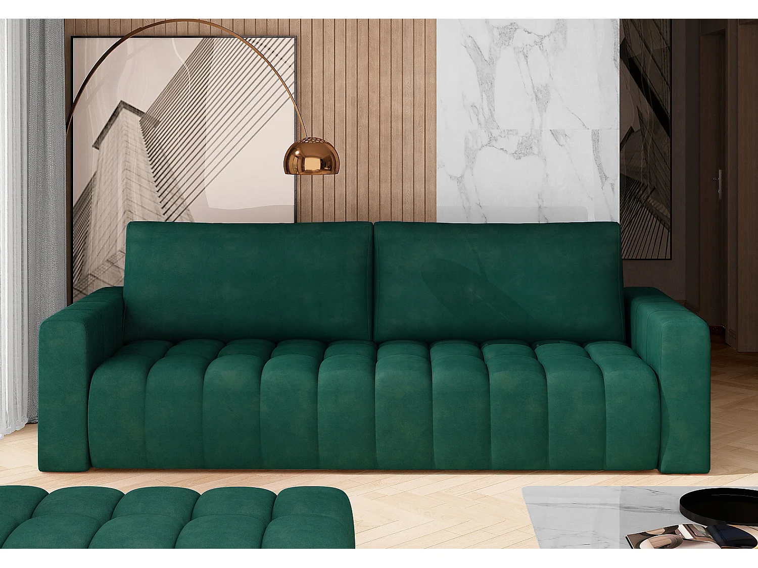 Canapé convertible 3 places velours vert bouteille avec coffre de rangement Larko 245cm