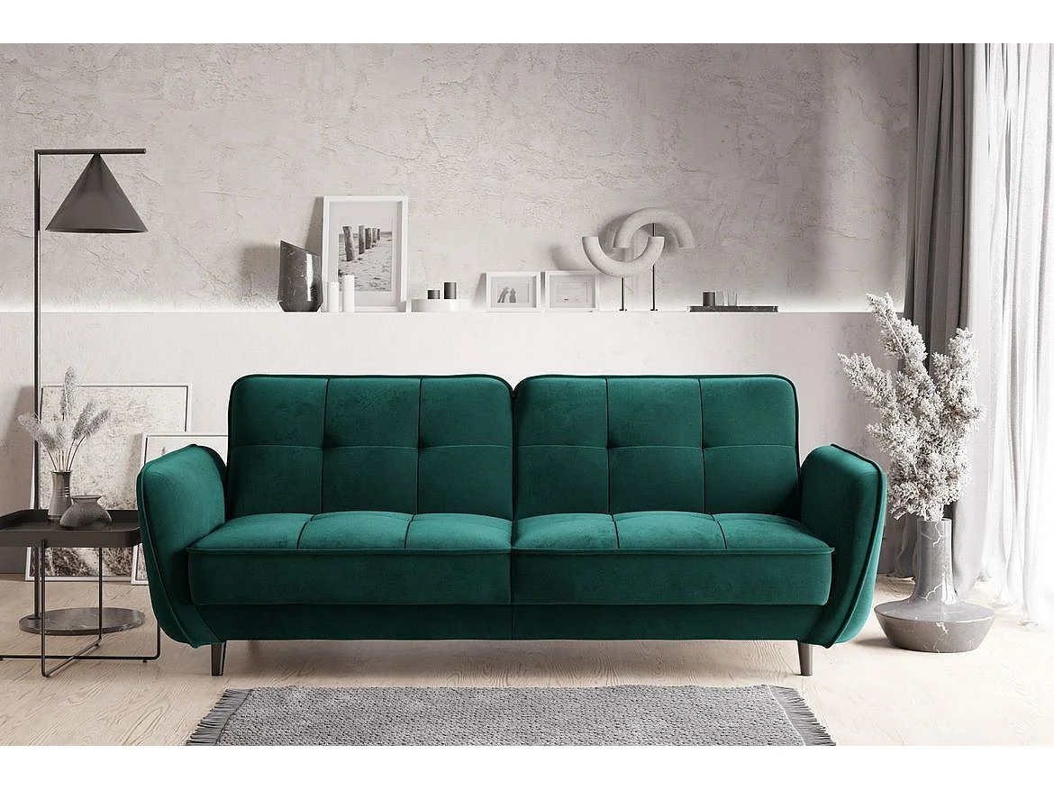 Bizza 220 cm groen fluweel gecapitonneerde 3-zits slaapbank met zwarte houten poten