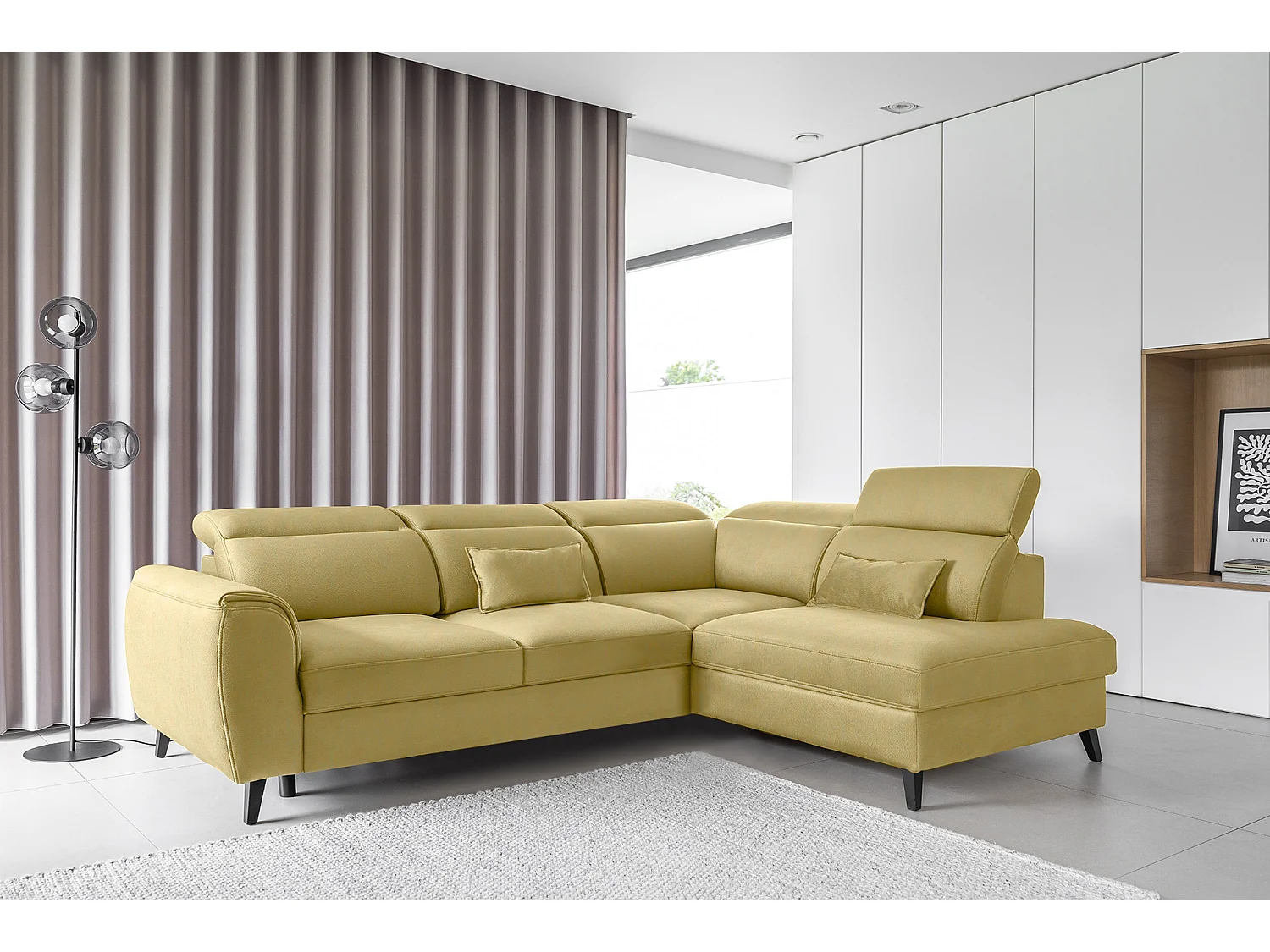 Canapé d'angle droit convertible tissu jaune Noblesse 255cm