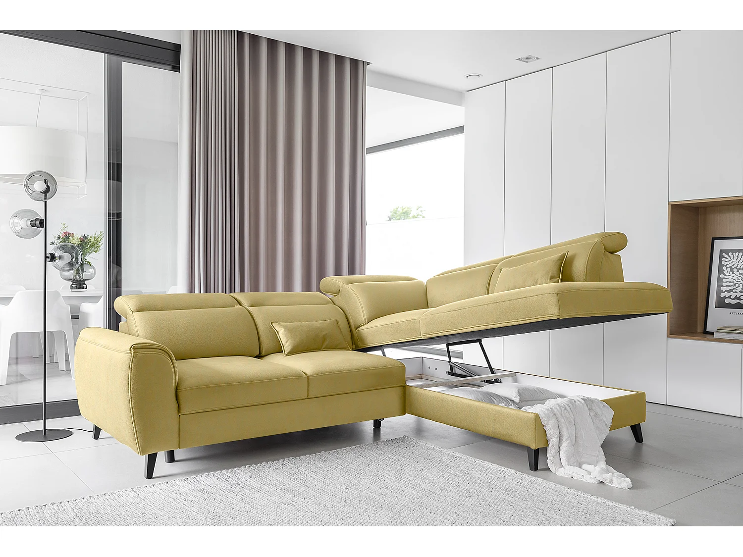 Canapé d'angle droit convertible tissu jaune Noblesse 255cm