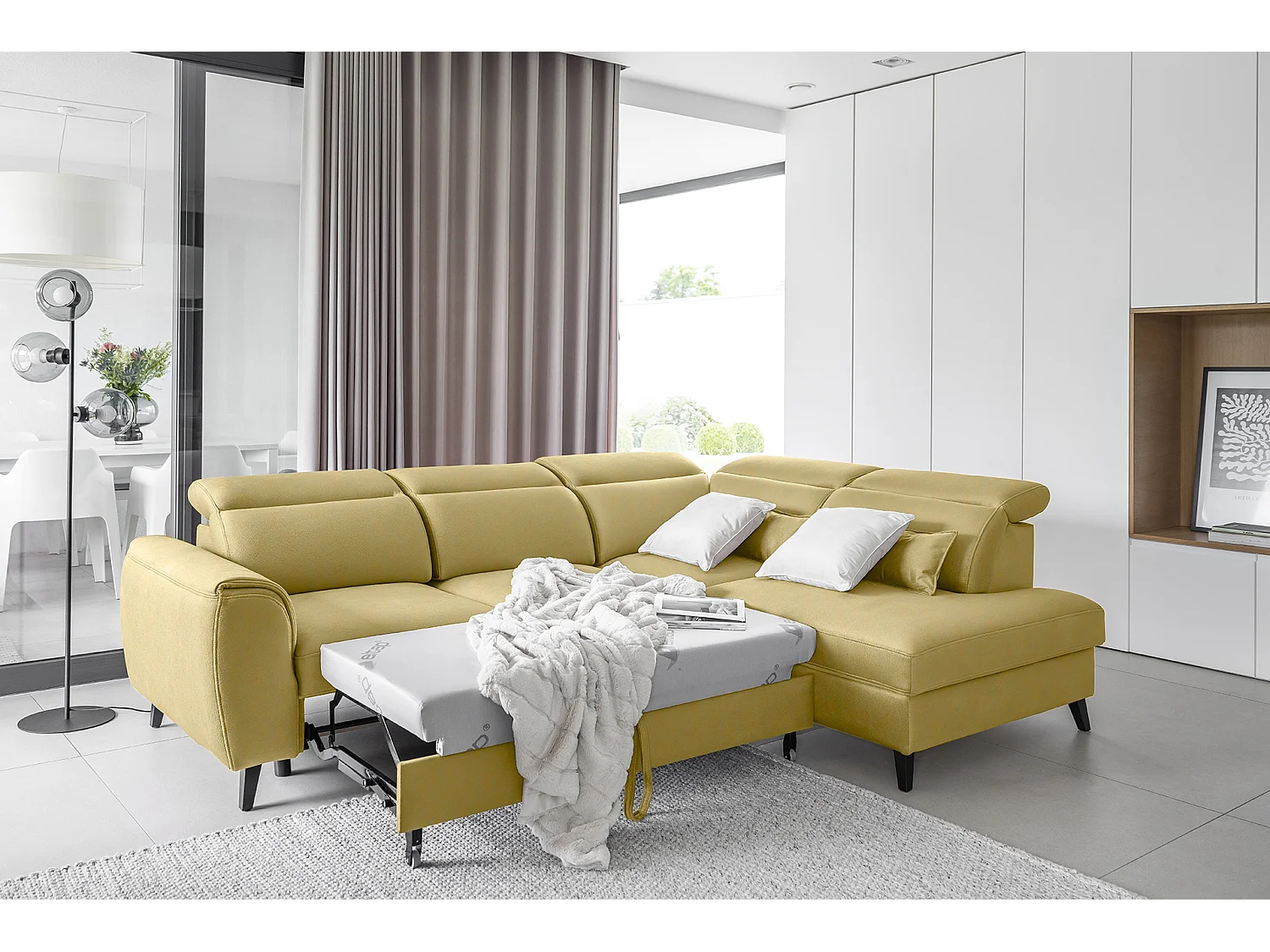 Canapé d'angle droit convertible tissu jaune Noblesse 255cm