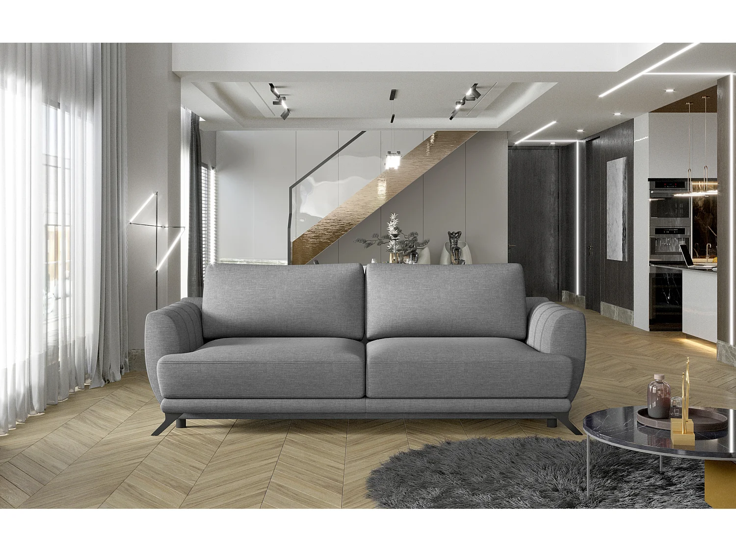 Canapé convertible 3-4 places tissu gris clair et pieds métal noir Zora 250cm