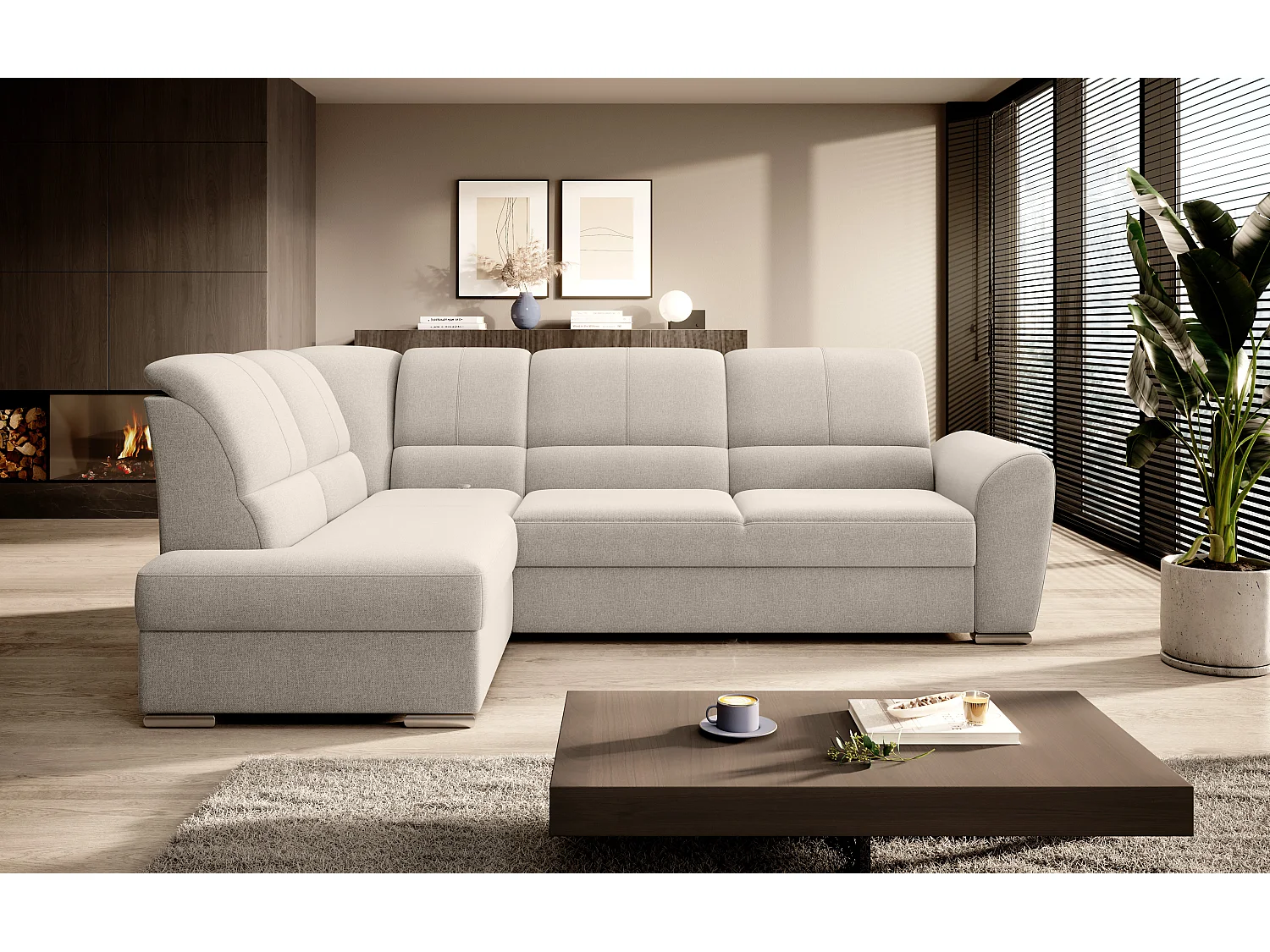 Canapé angle gauche convertible tissu crème et pieds acier chromé Zabor 270cm