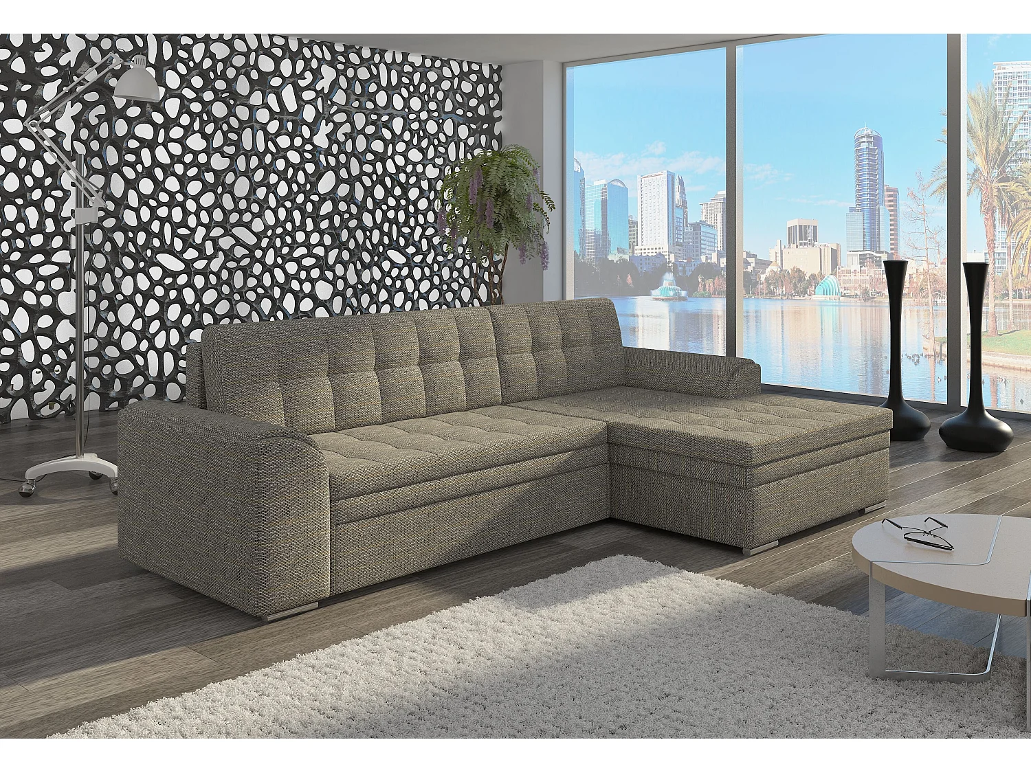 Canapé angle droit convertible tissu gris chiné Kapitona 270cm